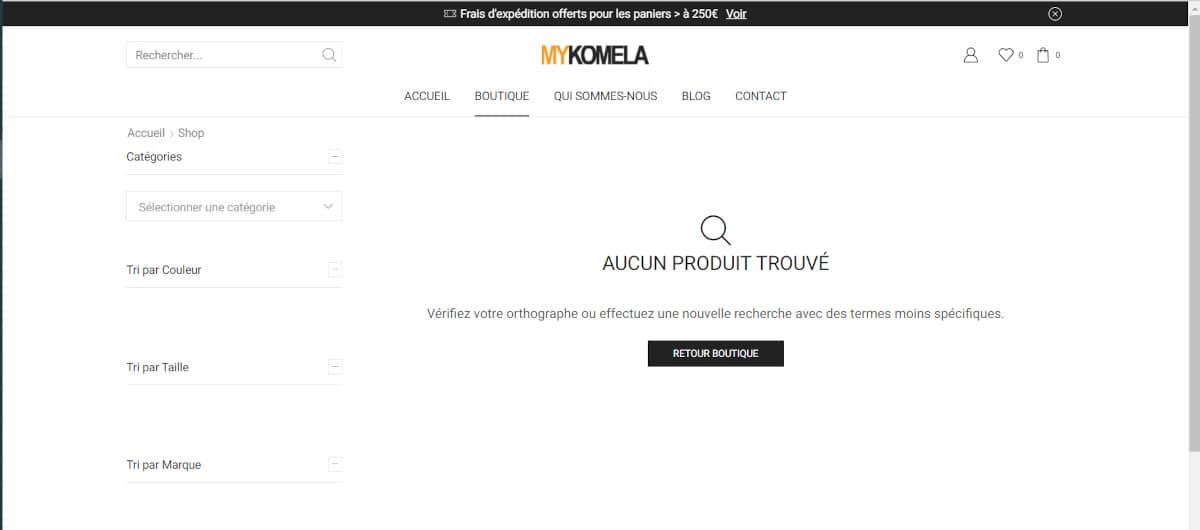 mykomela site ecommerce aucun produit 1200 c
