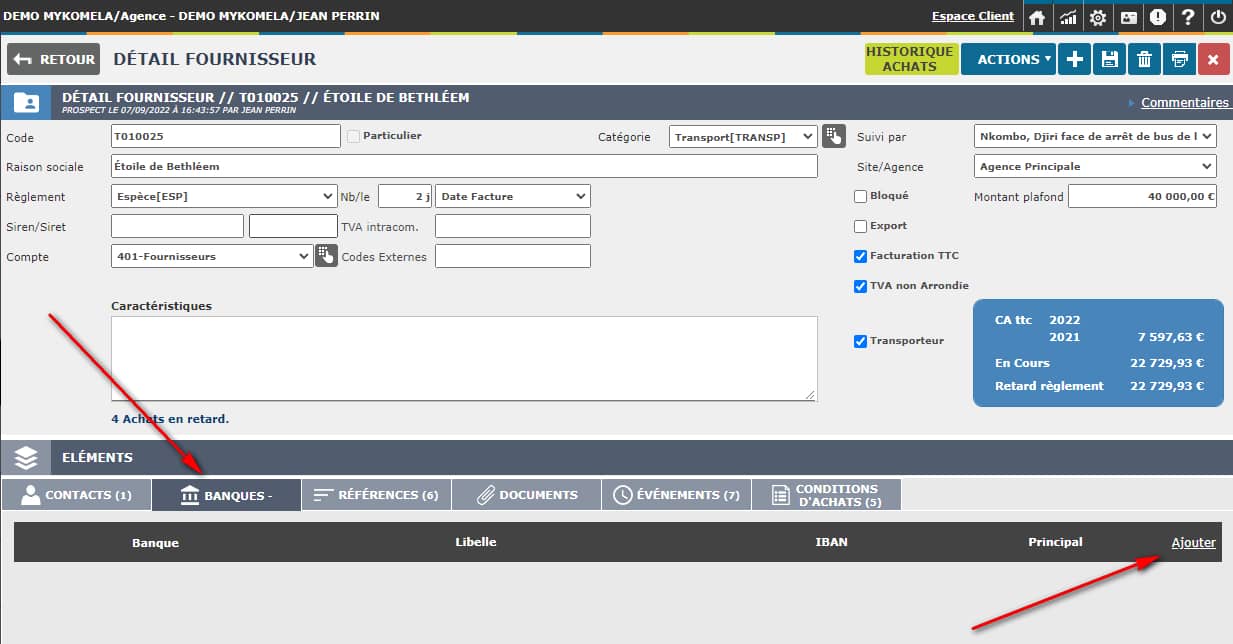 mykomela export fournisseur fiche fournisseur onglet banque 1200 c