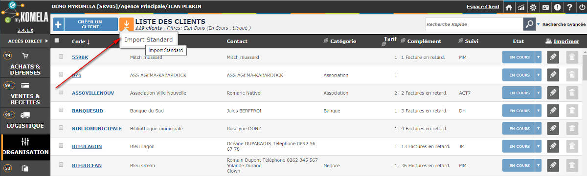 mykomela liste client bouton import données